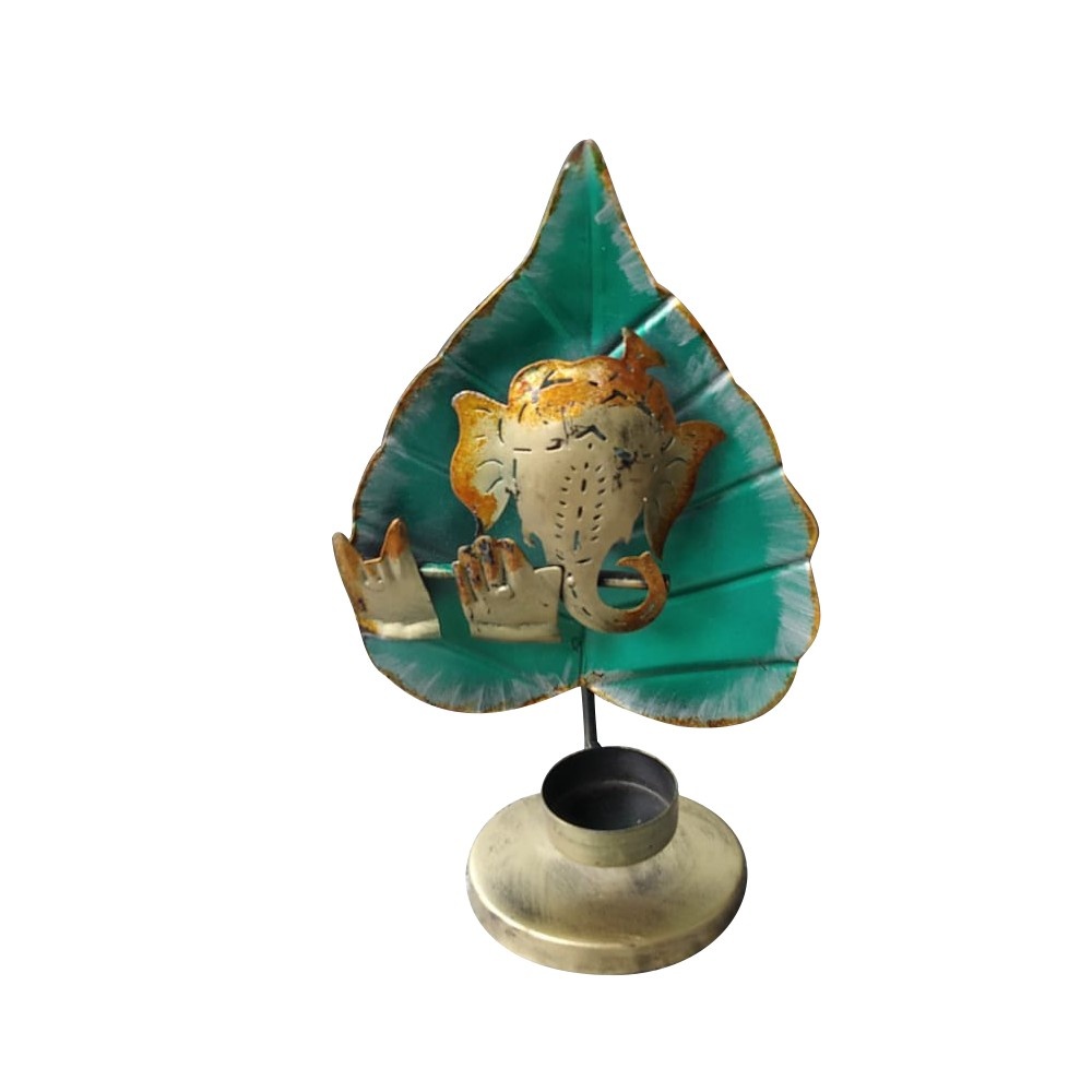 Lord Ganesh Leaf T light Candle Holder Green for Home and Pooja Decor